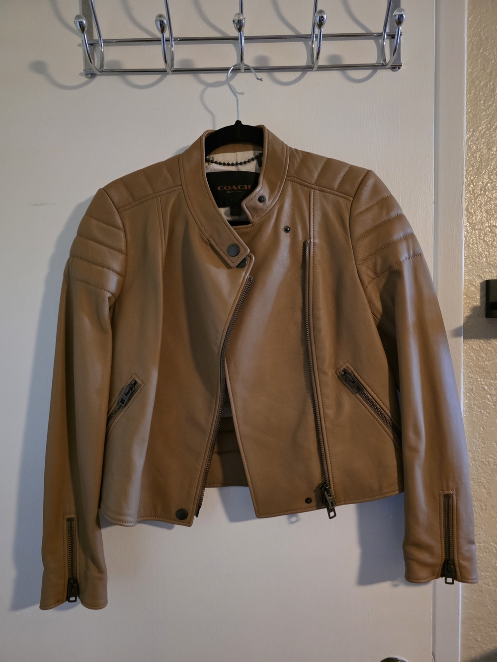 Coach Tan Leather Moto Jacket with Quilted Shoulders